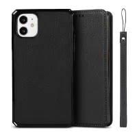 Litchi Skin Genuine Leather Coated TPU Stand Case for iPhone 11 6.1-inch - Black