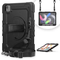 For Apple iPad Air (2020)/Air (2022)/Pro 11-inch (2020)(2018) PC + Silicone 360° Swivel Kickstand Tablet Case with Handy Strap and Shoulder Strap - Black/Black
