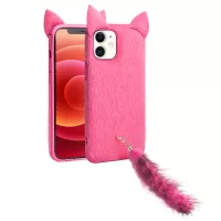 QIALINO Plain Plush Coated TPU Phone Cover with Fluffy Cat Ear and Tail Strap for iPhone 12 mini - Pink