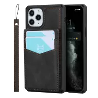 Skin-Touch PU Leather Coated TPU Kickstand Card Slot Design Phone Case with Strap for iPhone 11 Pro Max 6.5-inch - Black