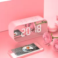 Pink - AEC BT501 Portable Bluetooth 5.0 Speaker with Large LED Display Clock Mirror Support Aux-in/TF Card