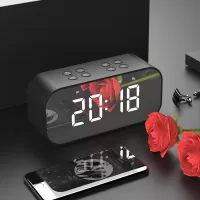 Black - AEC BT501 Portable Bluetooth 5.0 Speaker with Large LED Display Clock Mirror Support Aux-in/TF Card