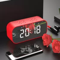 Red - AEC BT501 Portable Bluetooth 5.0 Speaker with Large LED Display Clock Mirror Support Aux-in/TF Card