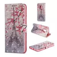 Pattern Printing Leather Wallet Stand Case for Samsung Galaxy S9 G960 - Eiffel Tower and Plum Blossom