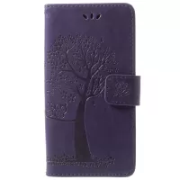 For Samsung Galaxy S9 Imprint Tree Owl Wallet Stand Leather Cellphone Cover - Dark Purple