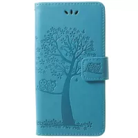 For Samsung Galaxy S9 Imprint Tree Owl Wallet Stand PU Leather Phone Cover - Blue
