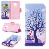 Patterned Leather Wallet Stand Cover Case for Samsung Galaxy A8 (2018) - Owl Lover and Flowered Tree