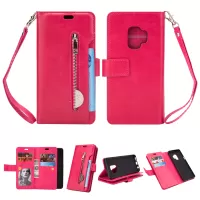 Zippered Leather Magnetic Stand Wallet TPU Case with Strap for Samsung Galaxy S9 G960 - Rose