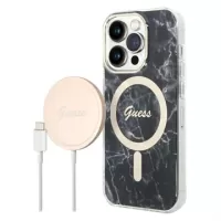 Guess Marble Edition Bundle Pack iPhone 14 Pro Max Case & Wireless Charger - Black
