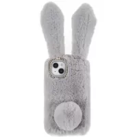 Furry Winter Bunny Ears iPhone 14 Case with Glitter - Light Grey