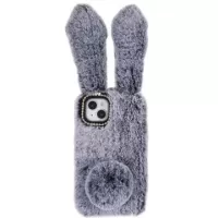 Furry Winter Bunny Ears iPhone 14 Case with Glitter - Dark Grey