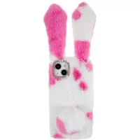 Furry Winter Bunny Ears iPhone 14 Case with Glitter - Rose / White
