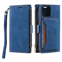 iPhone 14 Pro Saii Zipper Wallet Case with Strap - Blue
