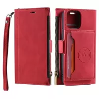 iPhone 15 Pro Saii Zipper Wallet Case with Strap - Red