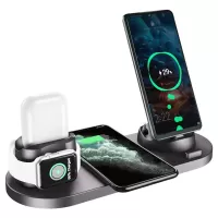 6 in 1 15W Wireless Charger Mobile Phone Earphone Wireless Fast Charging Bracket - Black