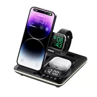 XJCX A93 5-in-1 15W Foldable RGB Wireless Charger with Digital Display Time & Alarm Clock Fast Wireless Charging Station