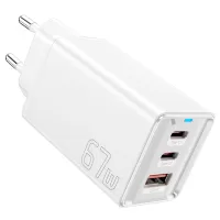 ESSAGER 67W GaN Charger, 2 Type-C + 1 USB-A, PD 3.0 QC 3.0 Fast Charging, Intelligent Charging Protection, for Huawei / Samsung / OPPO / iPhone 15 / Laptop, EU Plug - White